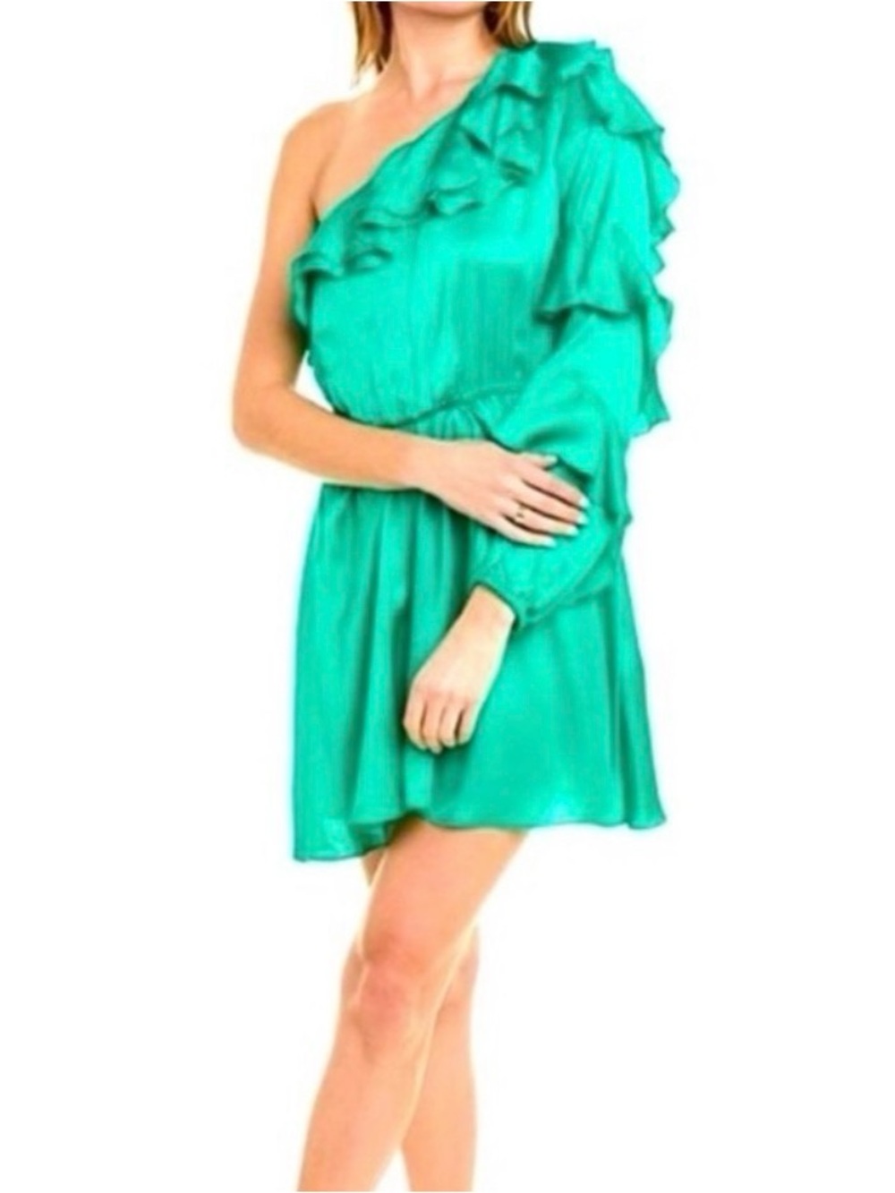 NWT! #582 THE KOOPLES Asymmetrical One-Shoulder Green Ruffle Mini Dress BEAUTY!